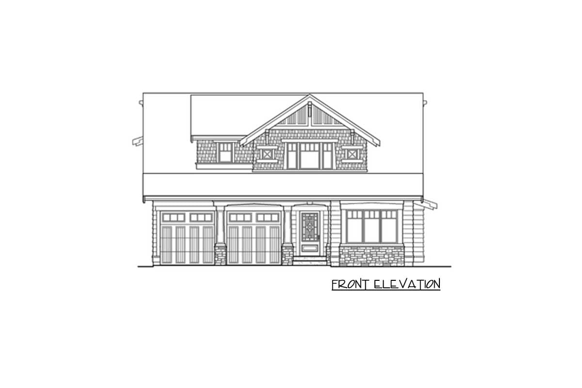 Front elevation house plan with three-car garage, covered entry, stone and shingle siding, and prominent gable.