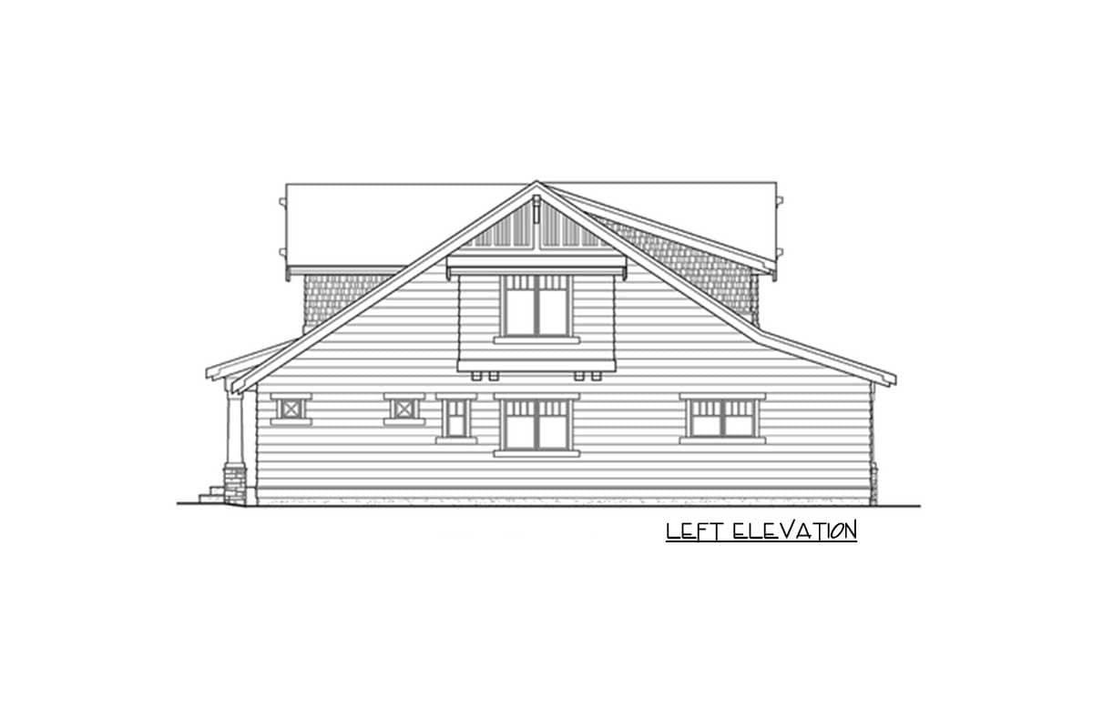 Left elevation house plan drawing showing siding, gabled dormers, porch columns, and multiple windows.