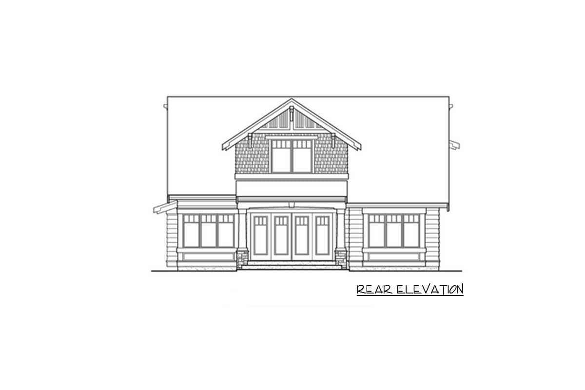 Rear elevation drawing of a two-story house with a prominent gable, dormer, and covered entry with double doors.