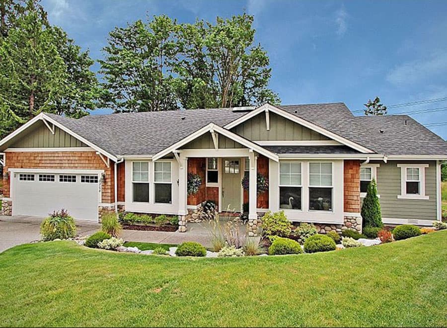 House plan exterior featuring a single-story Modern Farmhouse style with shake siding, gables, and a covered front porch.