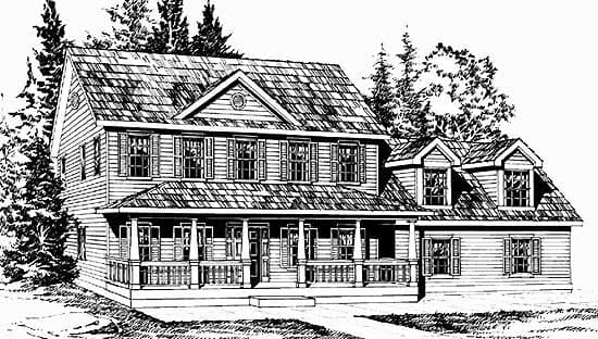 House plan exterior: Two-story home with wraparound porch, dormers, and prominent gables.