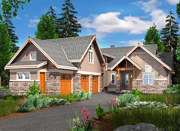 House plan exterior: Craftsman style, two stories, stone accents, wood garage doors, and covered entry.