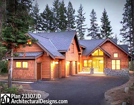 House plan exterior: Lodge style with multiple gables, stone accents, and attached three-car garage.