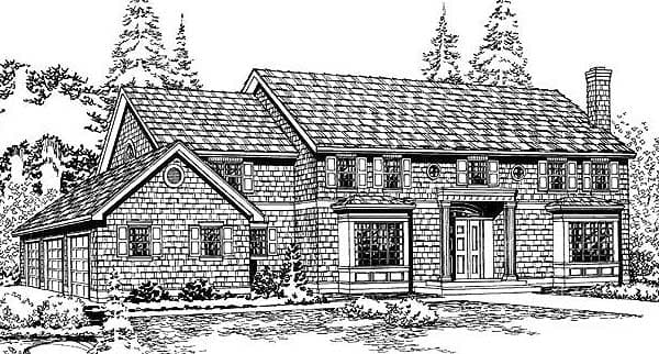 House plan exterior: Two-story home with shingle siding, prominent dormer, bay windows, and attached three-car garage.