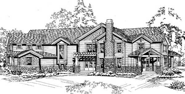 House plan exterior: Craftsman style, two stories, large stone chimney, covered entry porch with stone pillars, and multiple gables.