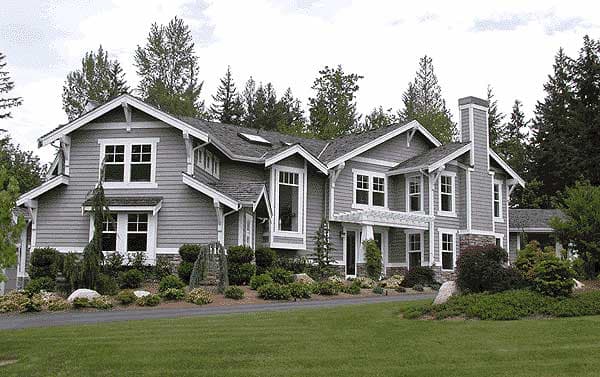 Craftsman house plan exterior, two stories, gables, dormers, covered porch, and stone chimney.
