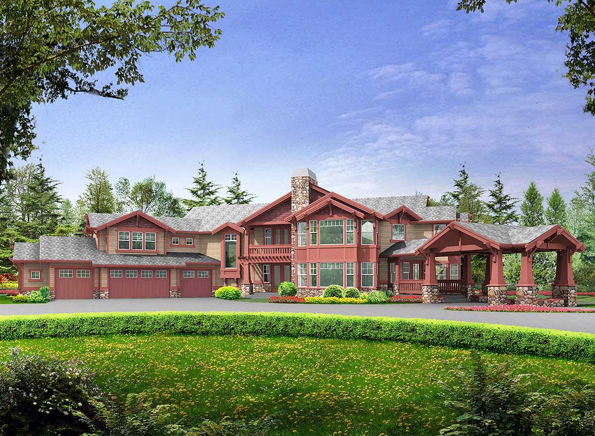 Craftsman style house plan exterior with a prominent stone chimney, multiple gables, a covered porte-cochère, and a five-car garage.