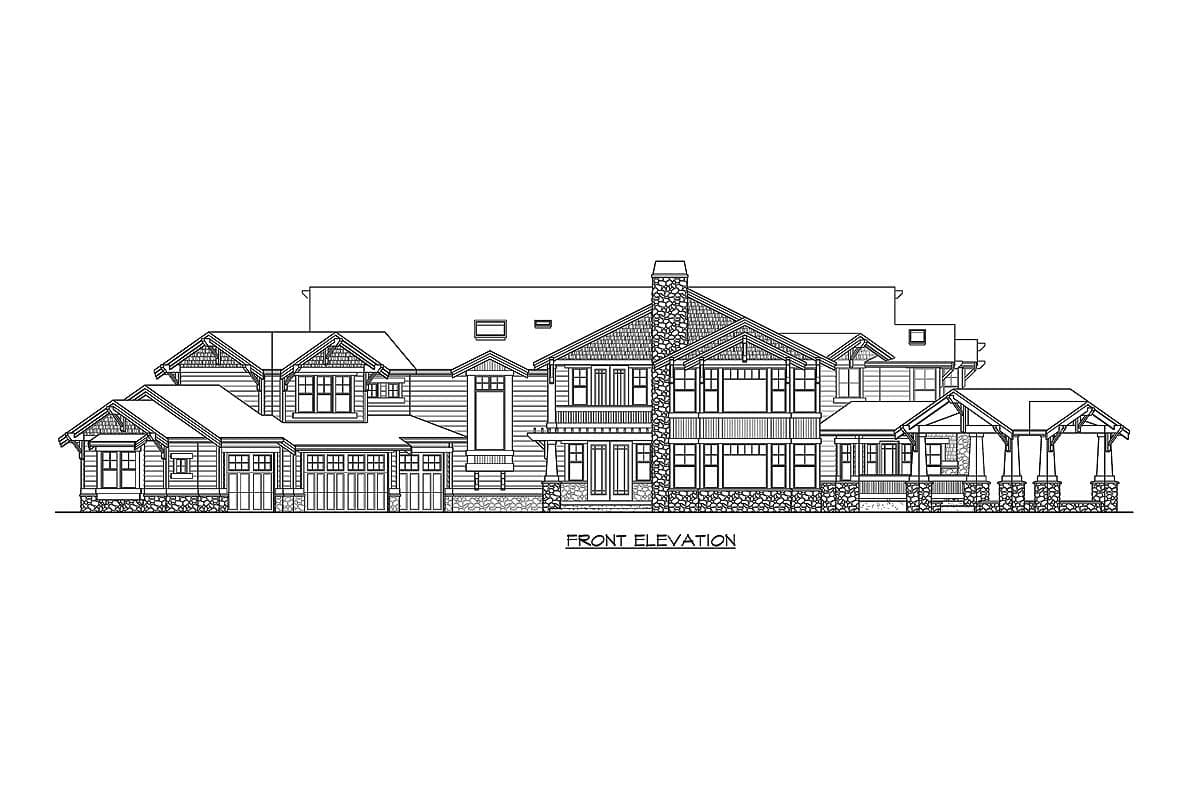 Front elevation house plan with gables, multiple dormers, stone chimney, and porte-cochère.
