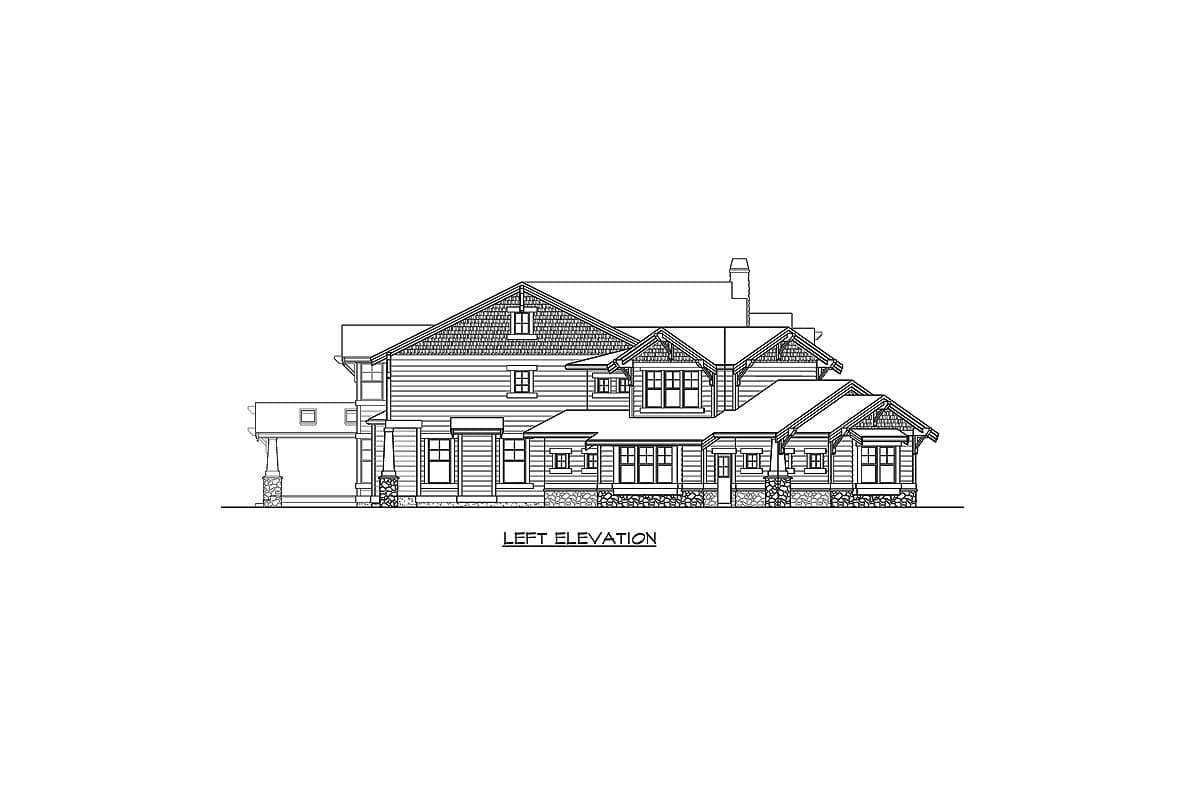 Left elevation drawing of a two-story house with gables, dormers, a covered porch, and a stone-accented garage.
