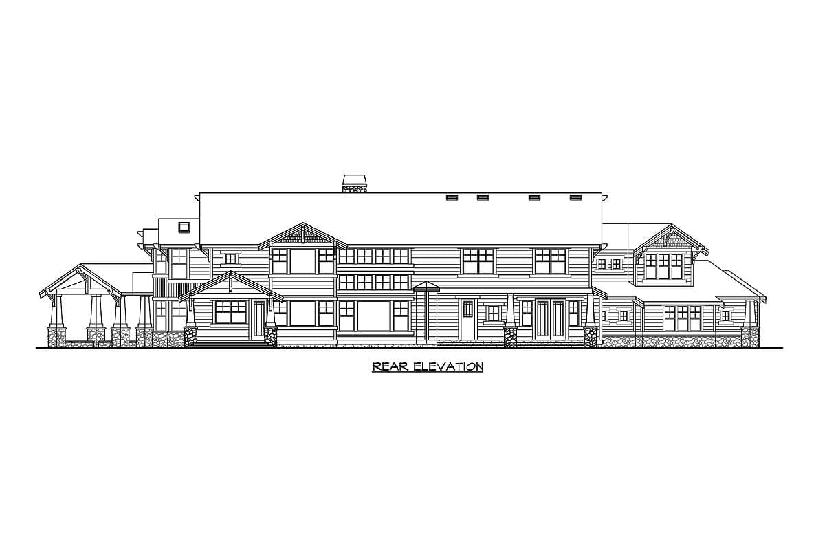 Rear elevation of a multi-story house plan featuring multiple gables, dormers, and covered porches with stone supports.