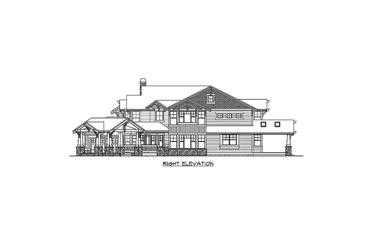 Right elevation drawing of a multi-story house with a covered porch, gables, dormers, and stone accents.