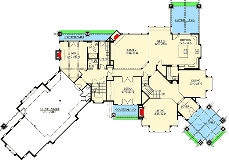 Plan 23315JD: Hidden Lofts over Children's Bedrooms - Floor Plan - Main Level - Craftsman, Northwest