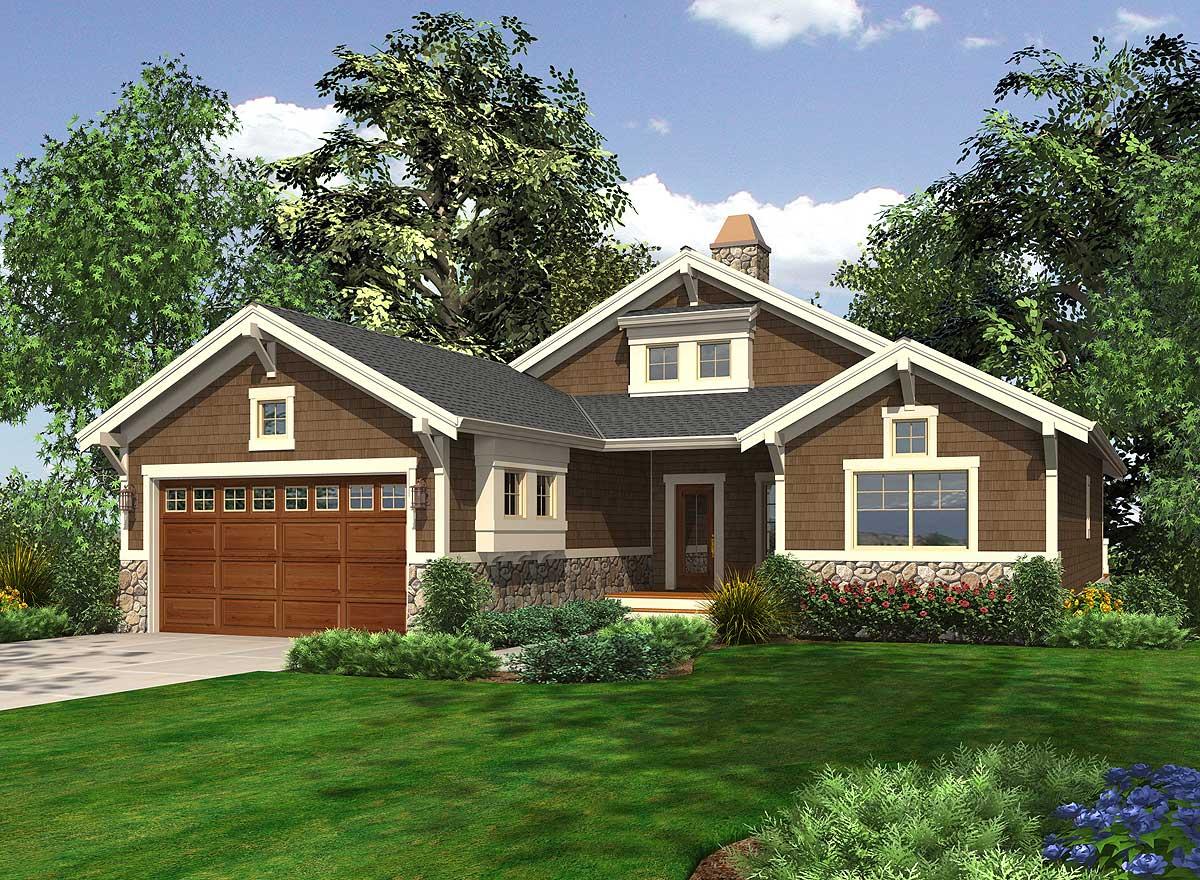 House plan exterior: Craftsman style, one-story with attached garage, gable roof, stone wainscoting, and dormer.