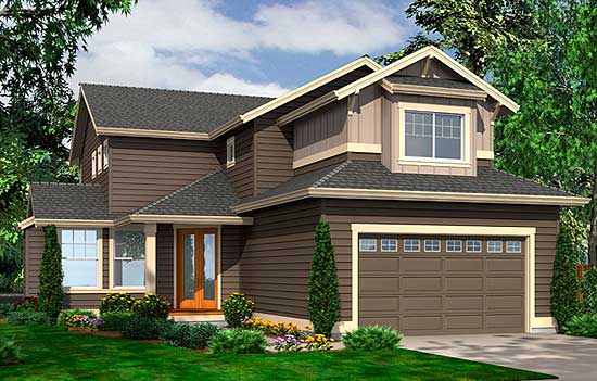 House plan exterior: Two-story Modern Farmhouse with a covered entry, gabled dormer, and a two-car garage.