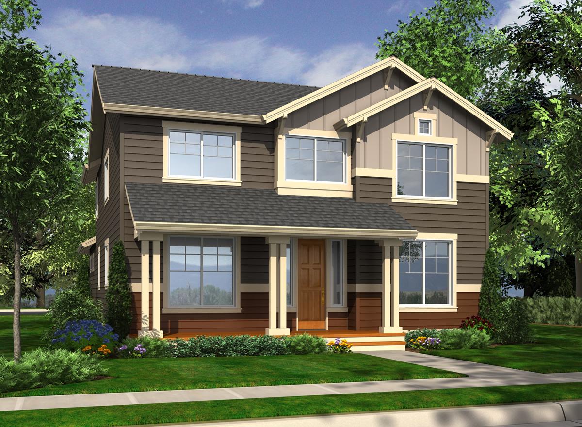 House plan exterior: Two-story home with covered front porch, gables, dormers, and lap siding.