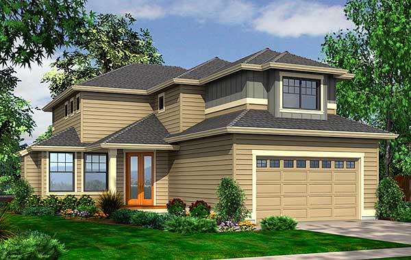 Two-story house plan exterior with siding, a covered front entrance with double doors, and an attached two-car garage.