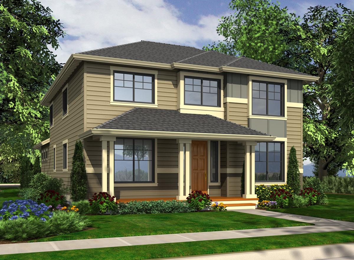 House plan exterior: Two-story home with a covered front porch, prominent gables, and horizontal siding.