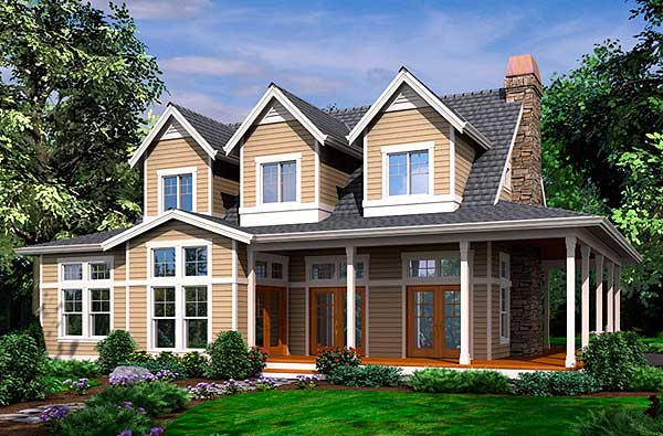 House plan exterior: two-story Traditional style with a wrap-around porch, gables, dormers, and stone chimney.