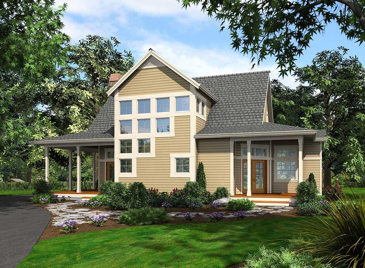 House plan exterior of a two-story modern farmhouse with a wraparound porch, gabled roof, and a large bank of windows.