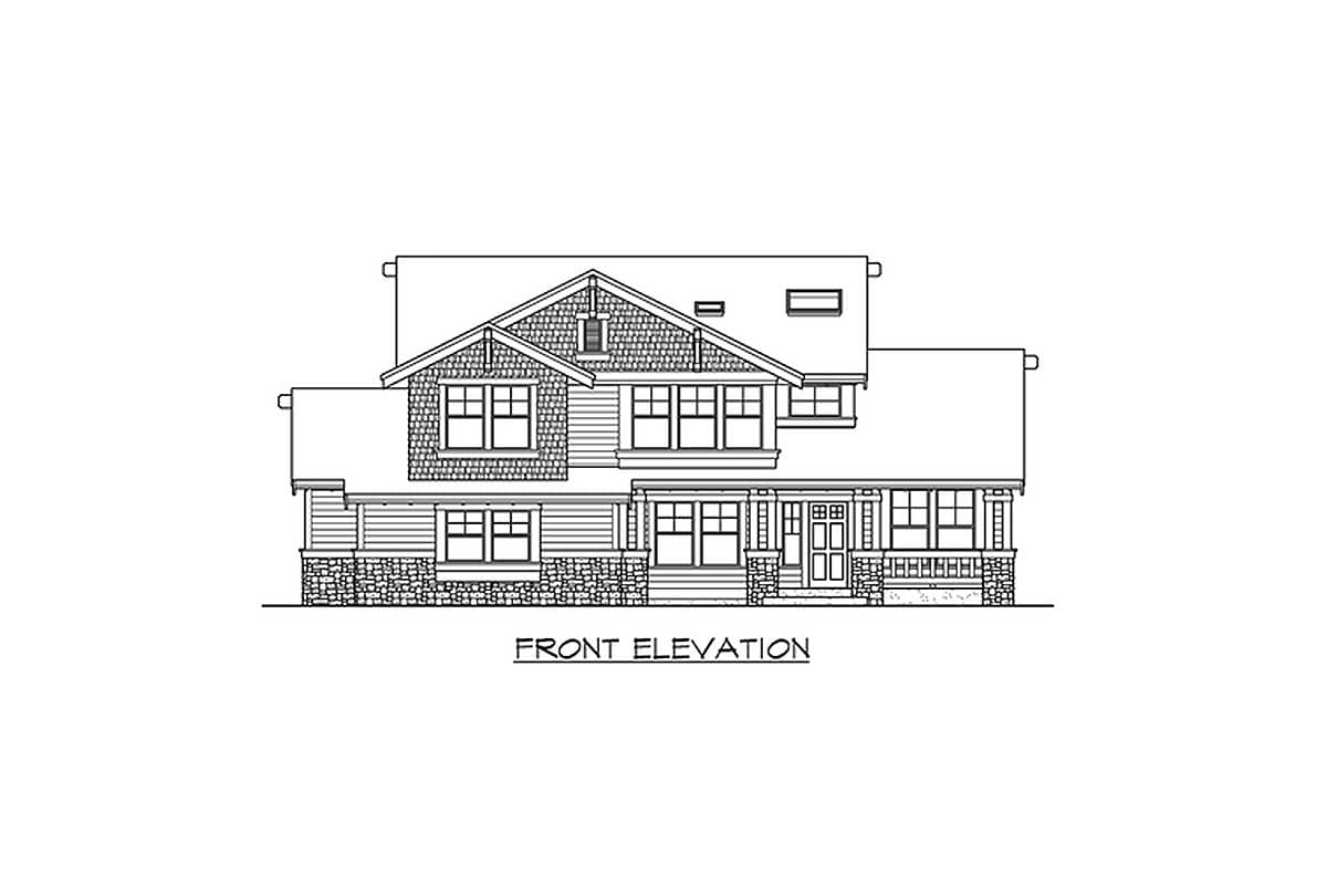 Front elevation of a two-story house plan featuring a covered porch, gable dormers, and stone and shingle siding.