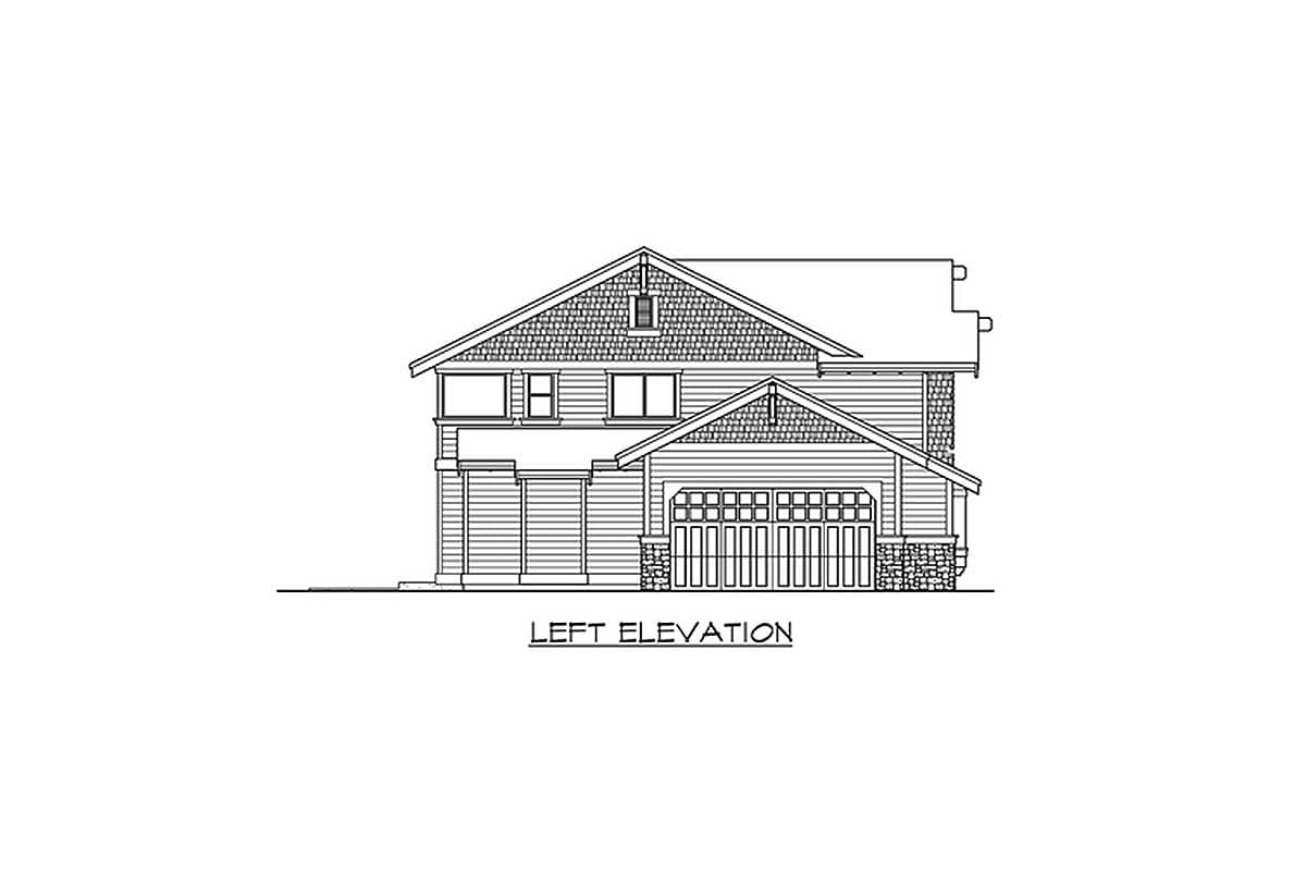 Left elevation house plan shows a two-story home with a gabled roof, dormer, siding, and a two-car garage.