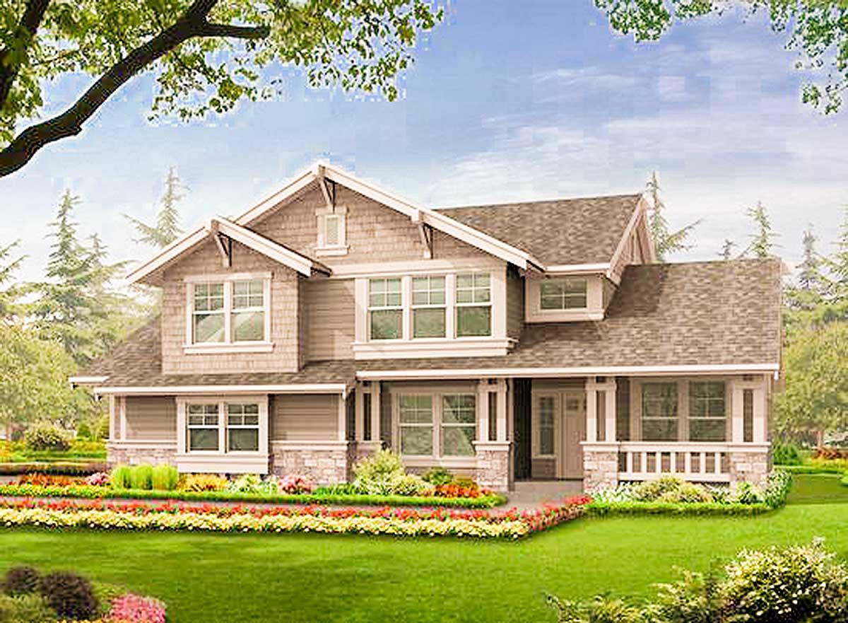 Two-story house plan exterior with stone accents, front porch, multiple gables, and dormer windows.