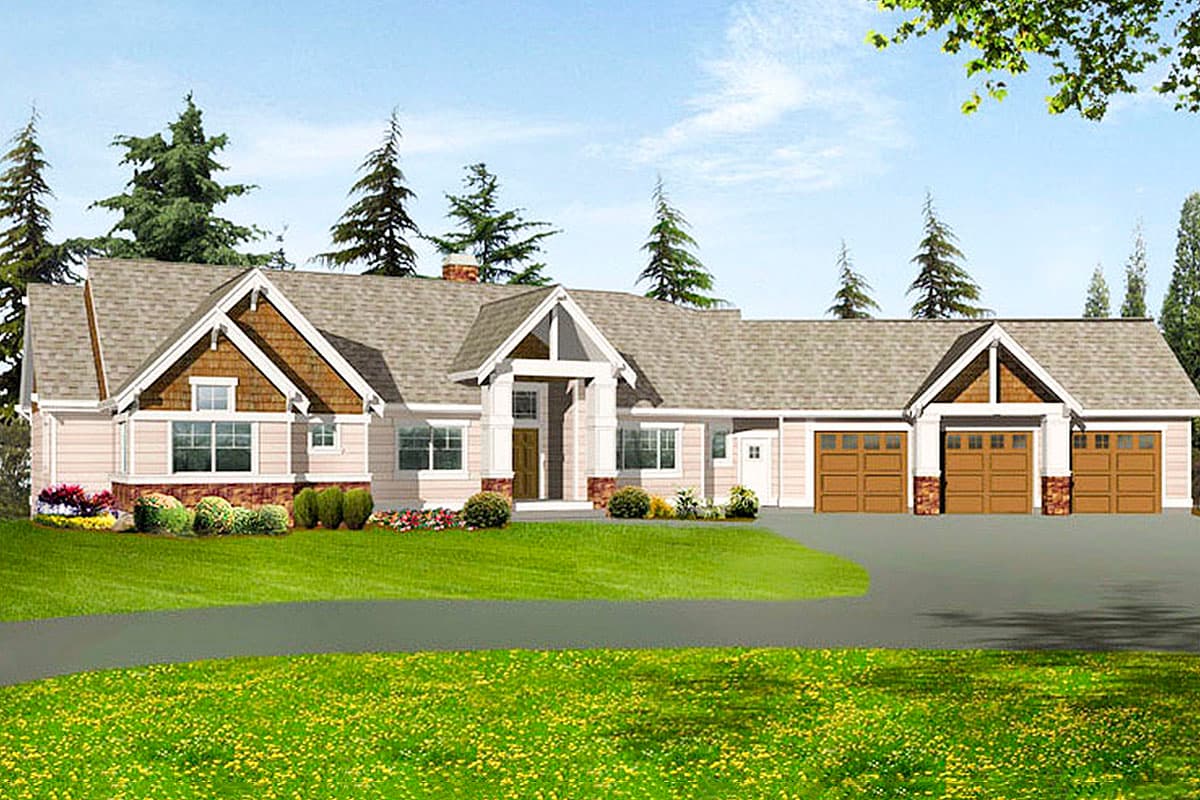 House plan exterior rendering shows a single-story modern farmhouse with a covered entry, multiple gables, and a three-car garage.
