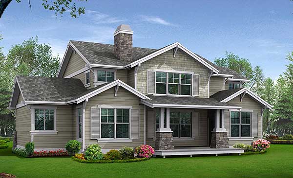 House plan exterior featuring a covered porch with stone-clad columns, dormers, and a prominent stone chimney.
