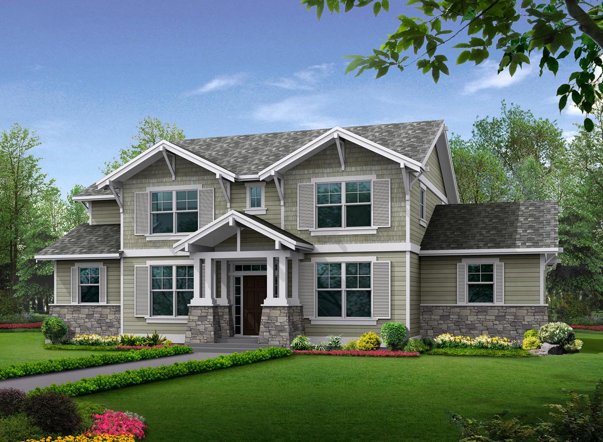 Two-story Craftsman house plan exterior with stone base, gabled dormers, wide eaves, and covered front porch with stone pillars.