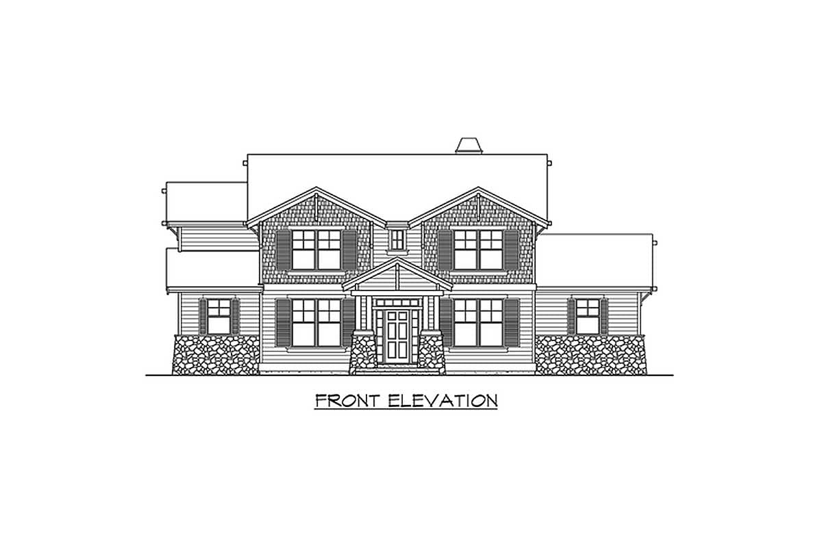 Front elevation drawing of a two-story house plan with gables, stone base, covered porch, and dormer.
