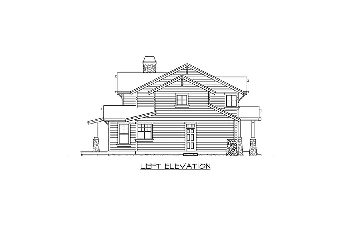 Left elevation house plan: two-story, gabled roof, covered porch with stone columns, dormer window, and stone-clad chimney.