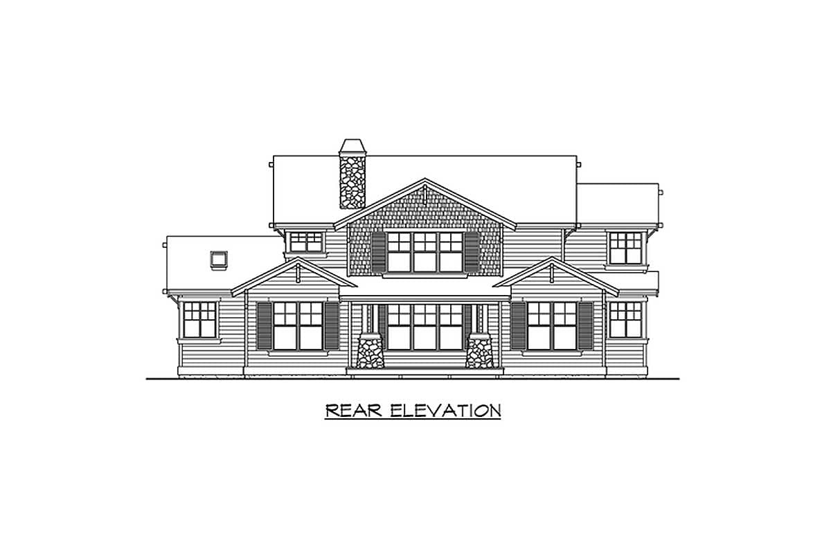 Rear elevation drawing of a two-story house with a covered porch, stone-clad columns, dormers, and a stone chimney.