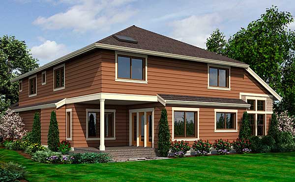 House plan exterior: Two-story home with brown siding, a covered porch, multiple gables, and numerous windows.