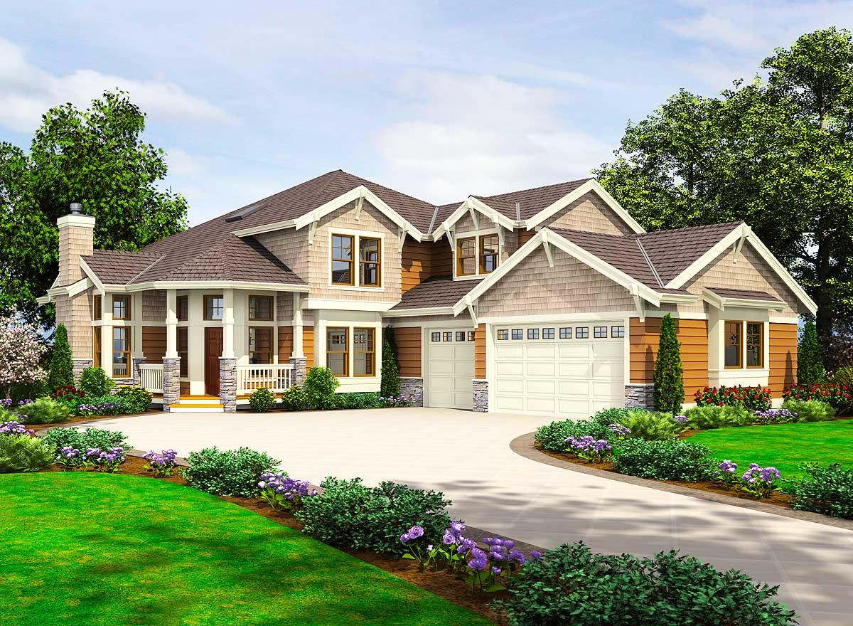 House plan exterior. Craftsman style, two-story home. Features include a front porch, multiple gables, and a two-car garage.