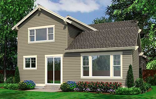 Two-story house plan exterior with vinyl siding, gabled rooflines, multiple windows, and sliding glass doors.
