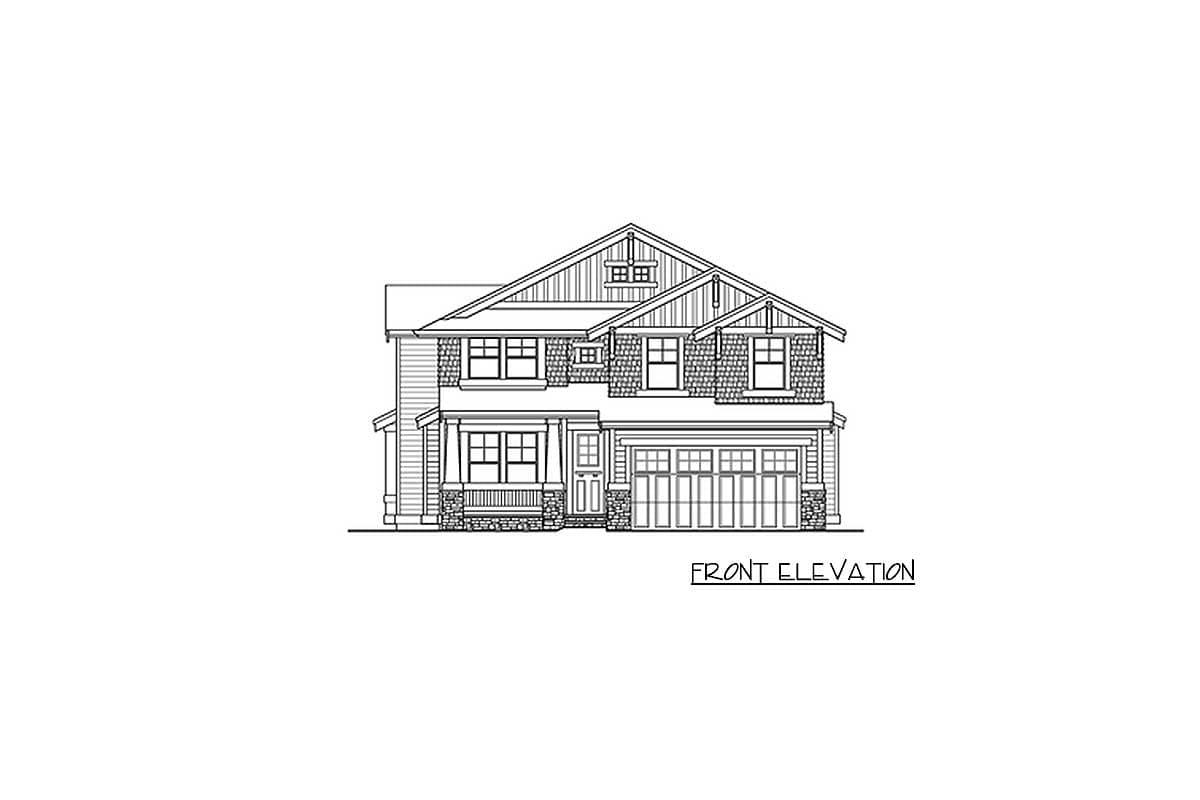 Front elevation drawing of a two-story house plan with a covered porch, gables, dormers, and a three-car garage.