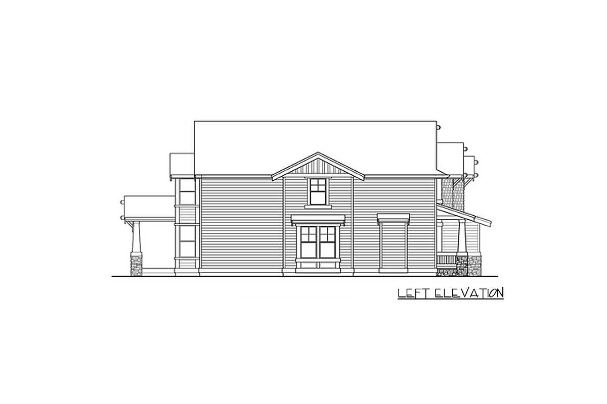 Left elevation house plan with horizontal siding, gable, dormer, and stone-clad porch supports.