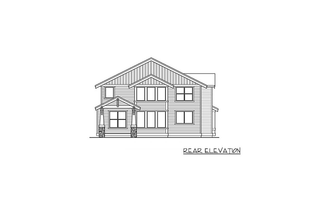Rear elevation drawing of a two-story house plan with a covered porch, gables, and horizontal siding.