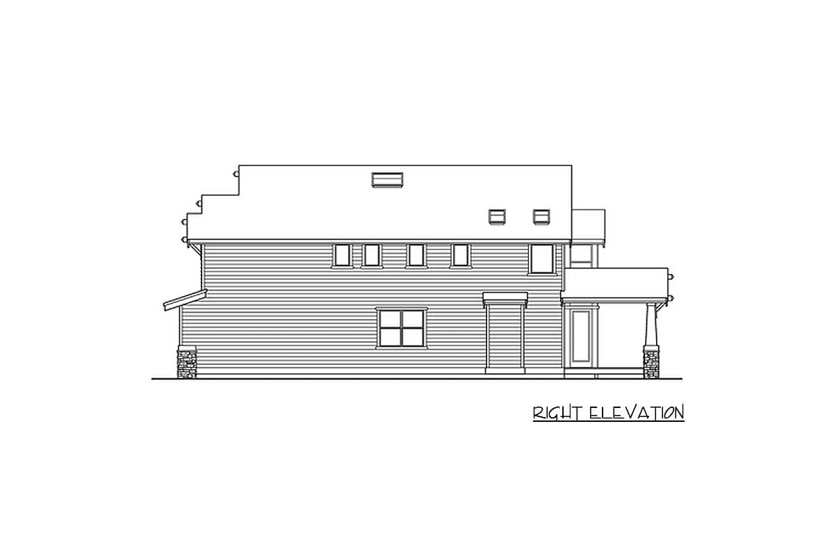 Right elevation of a two-story house plan with horizontal siding, gables, dormers, and a covered porch.