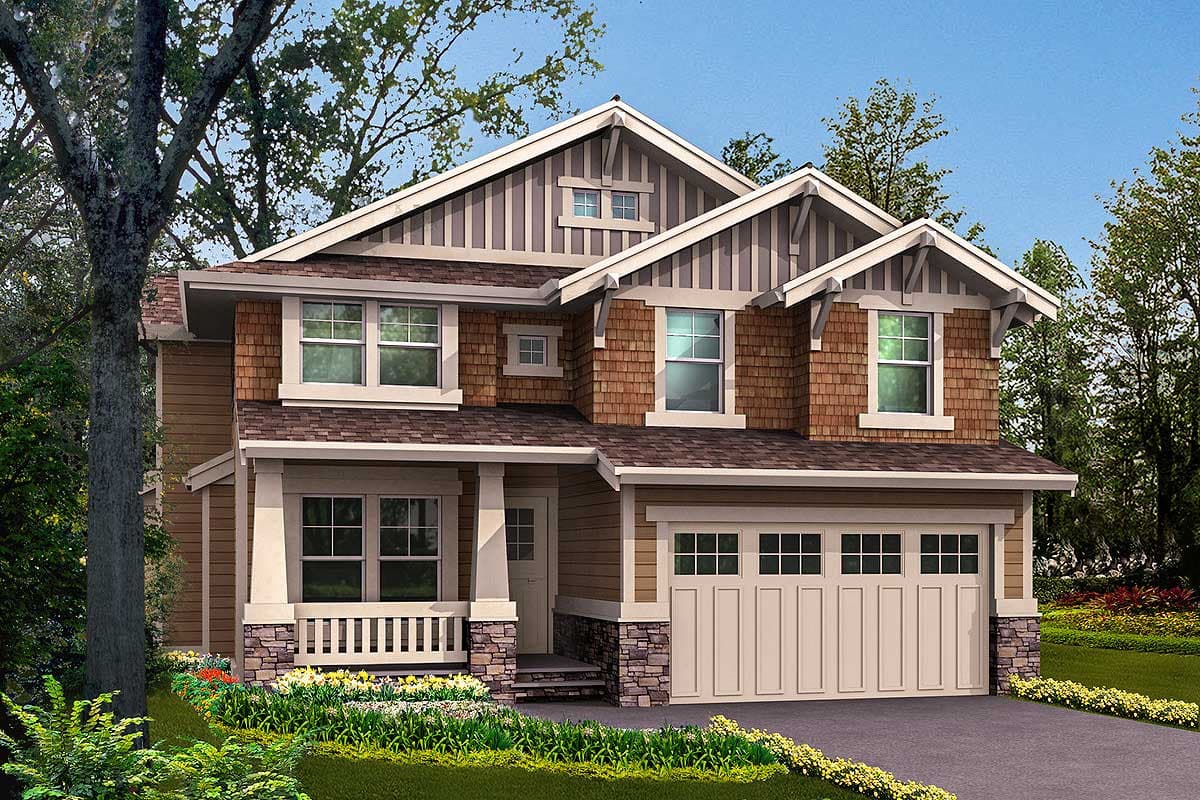 House plan exterior: two-story Modern Farmhouse with covered front porch, stone foundation, and multi-pane garage doors.