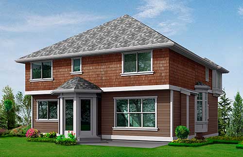 House plan exterior: Two-story home with shingle siding, prominent bay windows, and a multi-faceted entry roof.