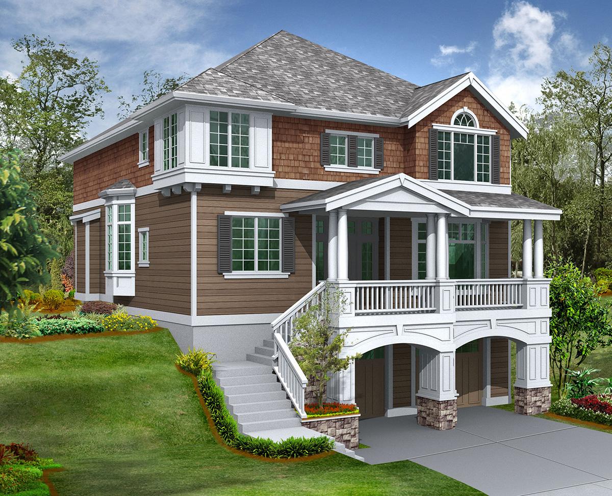 House plan exterior shows a two-story home with a covered front porch, bay window, gable dormer, and a two-car garage.