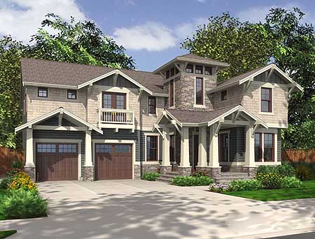 Craftsman style house plan exterior with two-car garage, covered porch, stone accents, and upper-level balcony.