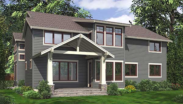 House plan exterior of a two-story Modern Craftsman home with a covered porch, gabled roof, and multiple windows.