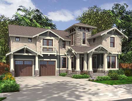 Craftsman style house plan exterior with two-car garage, covered porch, dormers, and stone accents.