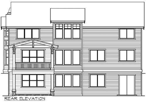Rear elevation drawing of a multi-story house plan featuring a covered second-story balcony, numerous windows, and horizontal siding.