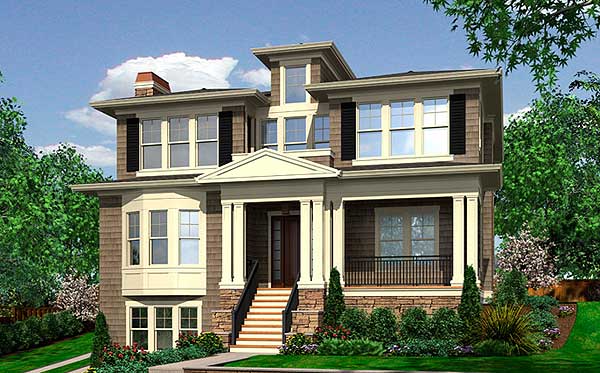 House plan exterior of a two-story home with a prominent covered porch, multiple gables, and bay windows.