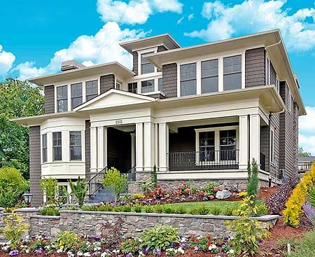 House plan exterior: Two-story modern home with large front porch, multiple gables, dormers, and stacked rooflines.