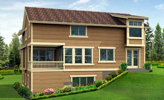 House plan exterior: Two-story home with horizontal siding, balcony, and prominent bay window on second story.