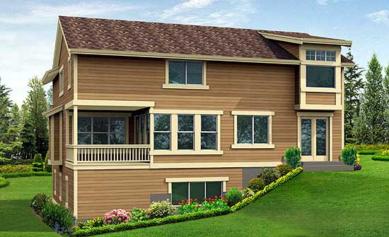 House plan exterior: Two-story home with horizontal siding, prominent rooflines, a screened porch with railing, and multiple windows.